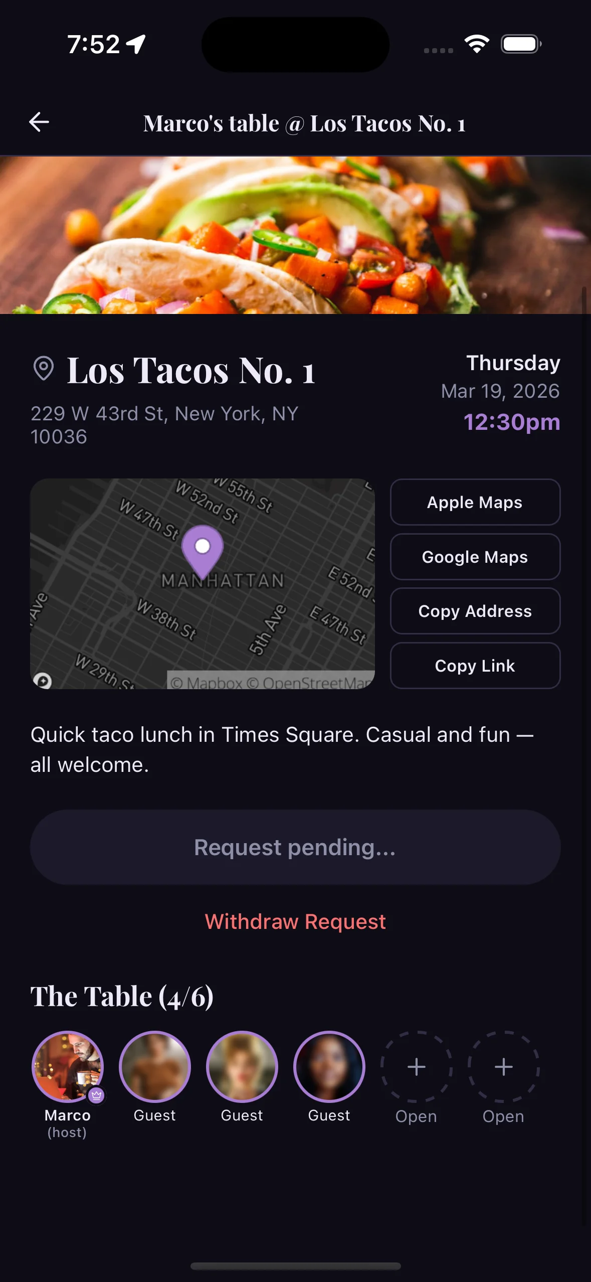 Request a seat at a dinner table