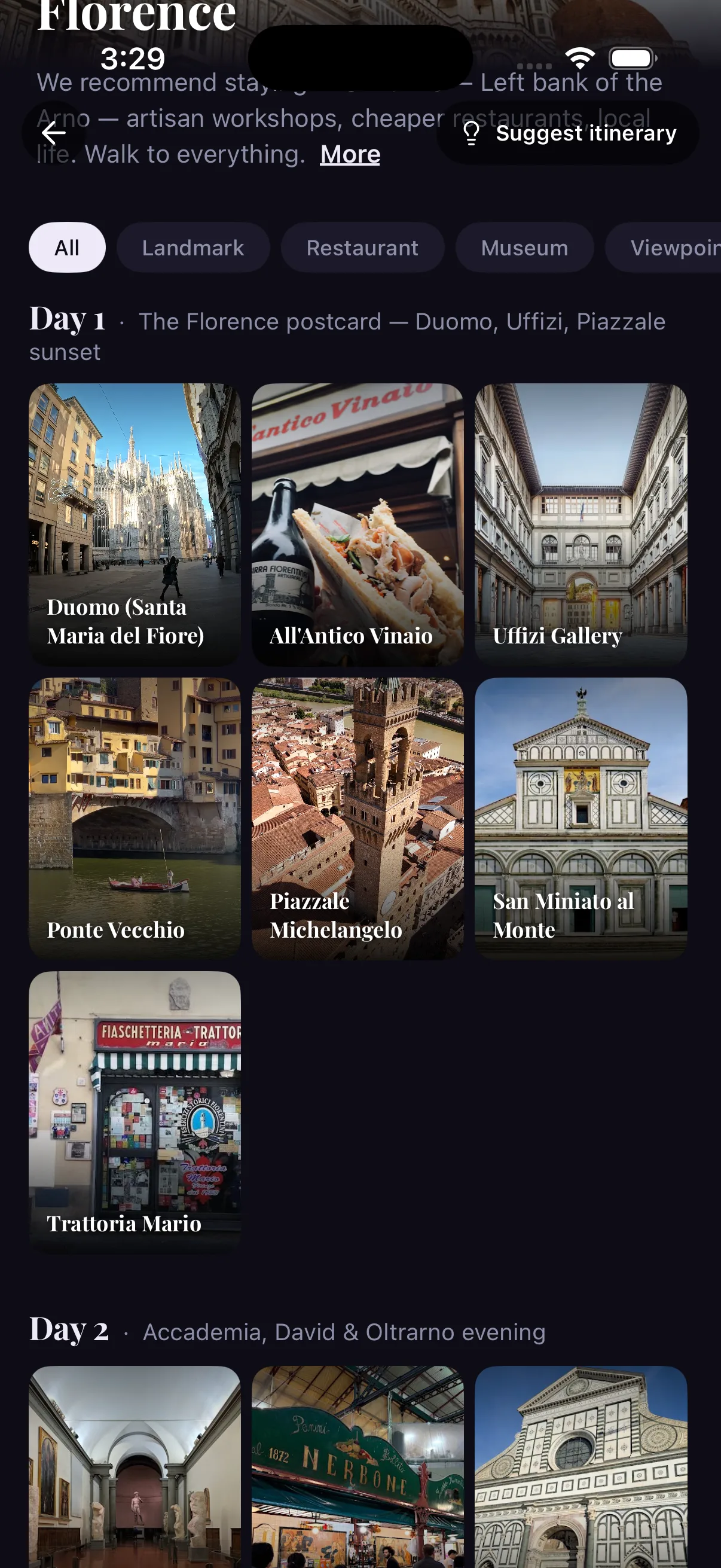 Day-by-day itinerary view